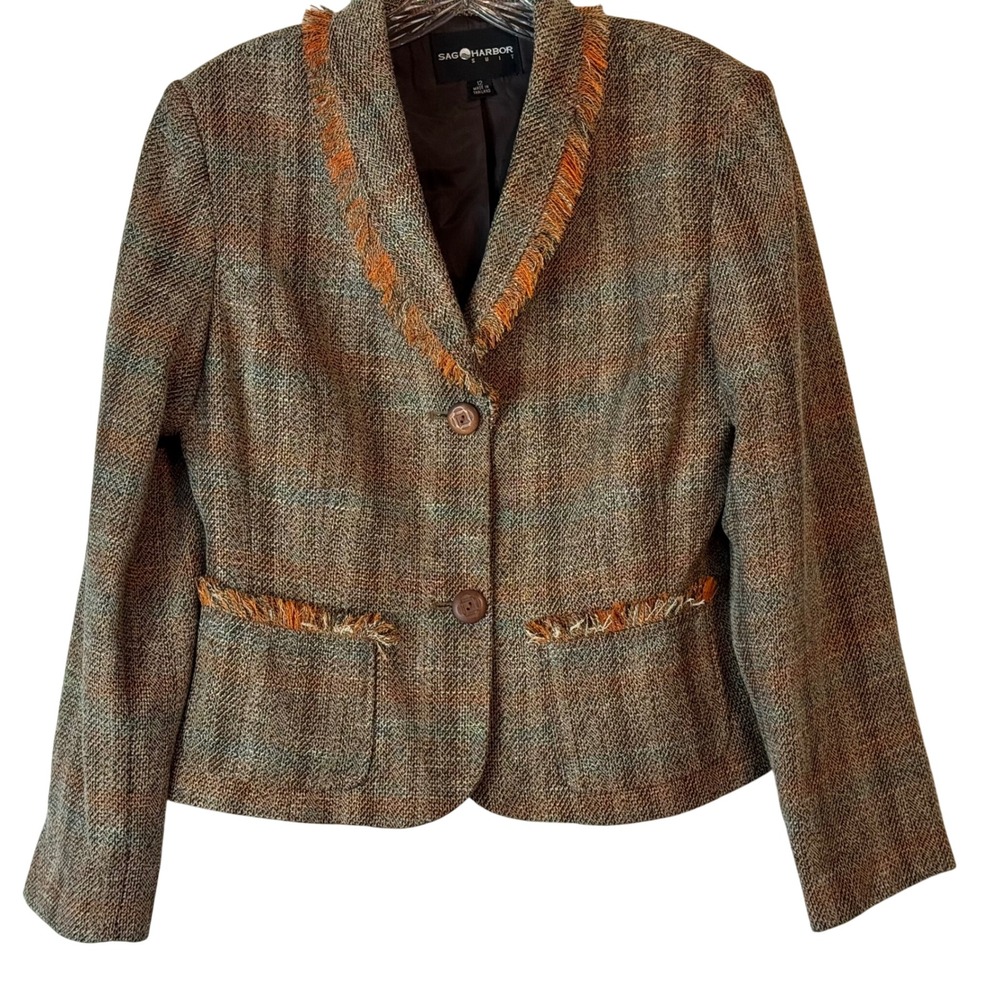 Sag Harbor Women's Tweed Blazer Jacket Rust Fringe Collar Pockets Size 12